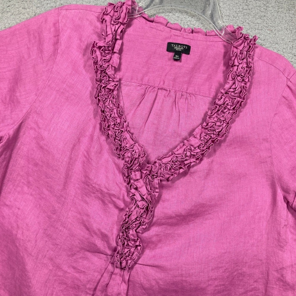 Talbots Top Women 16P Pink 100% Linen Ruffle V-Neck Short Sleeve Blouse